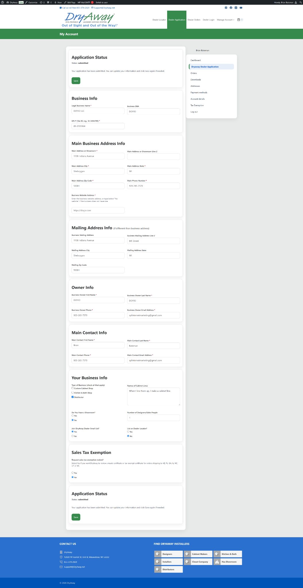 DryAway Dealer onboarding application screenshot
