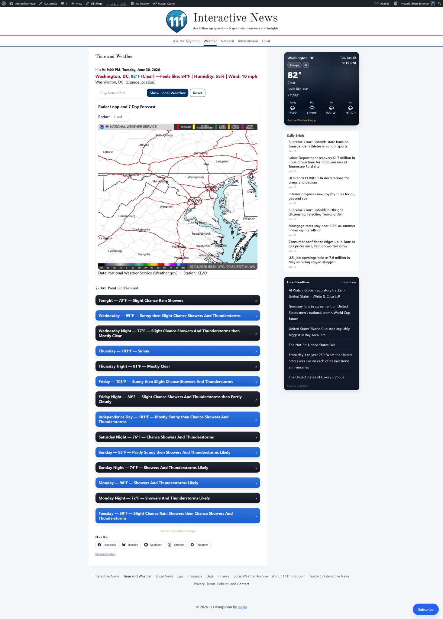 111Things weather page with radar and forecast