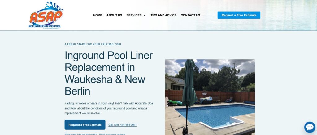 Accurate Spa and Pool liner-replacement page with service information and estimate links, October 10, 2026