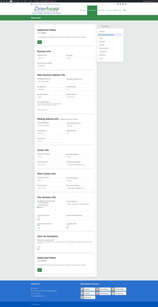 DryAway Dealer onboarding application screenshot