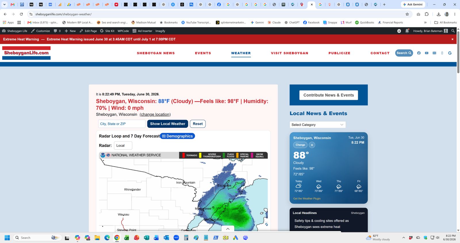 Sheboygan Life weather page with local alert