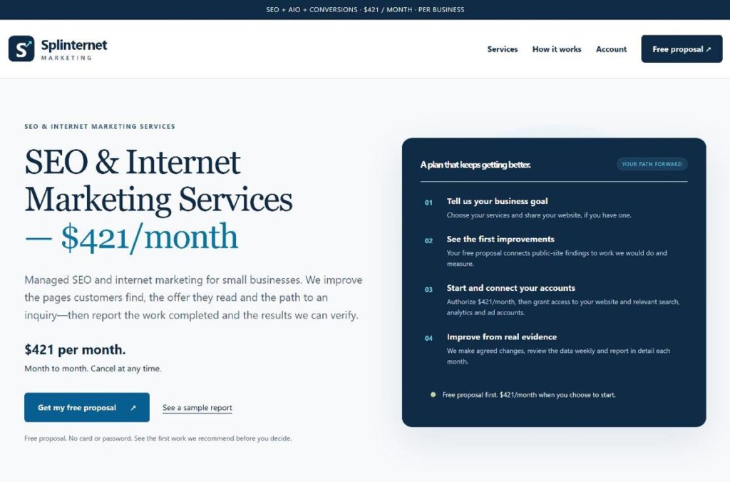 Splinternet Marketing app homepage with service pricing and proposal journey