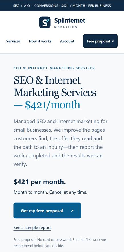 Splinternet Marketing phone-sized homepage with the free-proposal action
