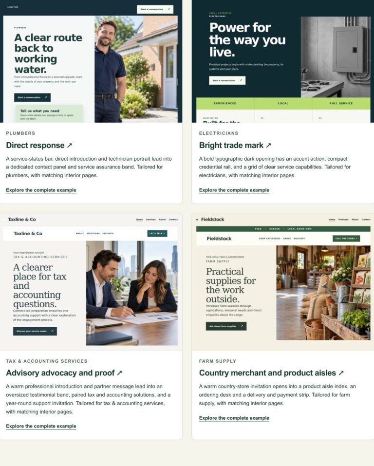 Contreol complete website examples for trades, accounting and farm supply businesses