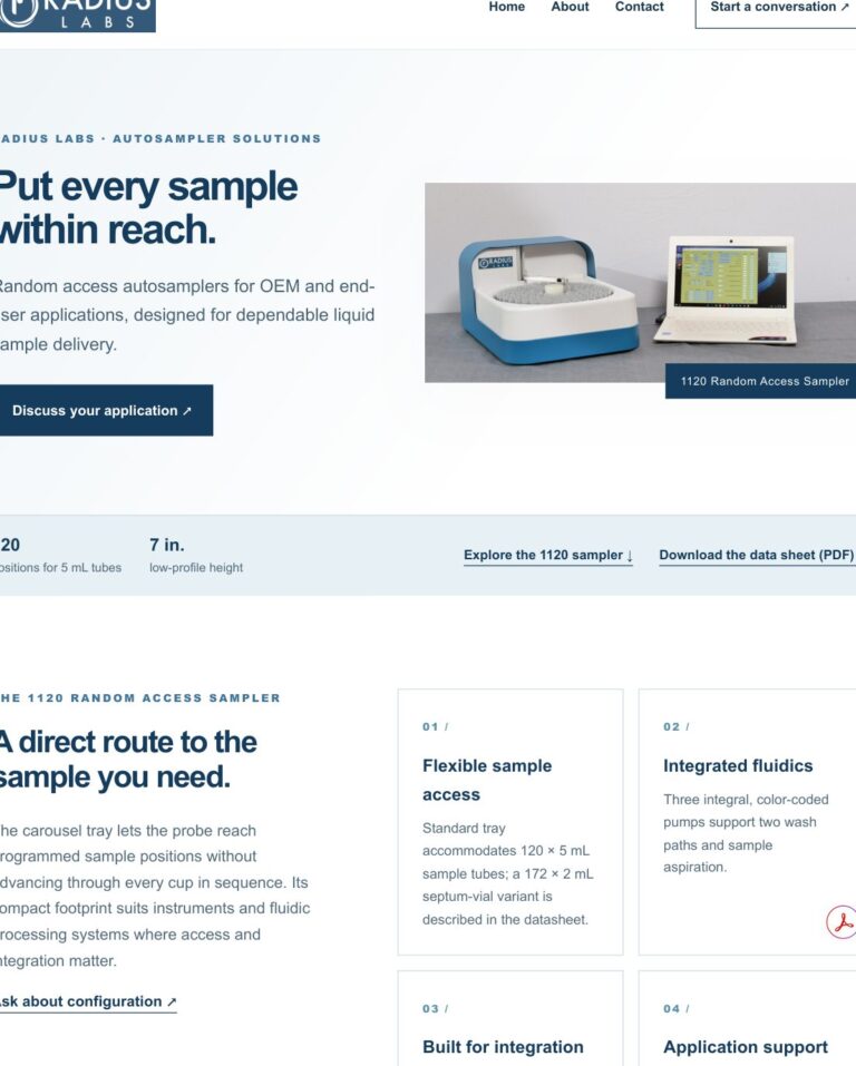 Radius Labs autosampler website designed from a supplied fact sheet PDF