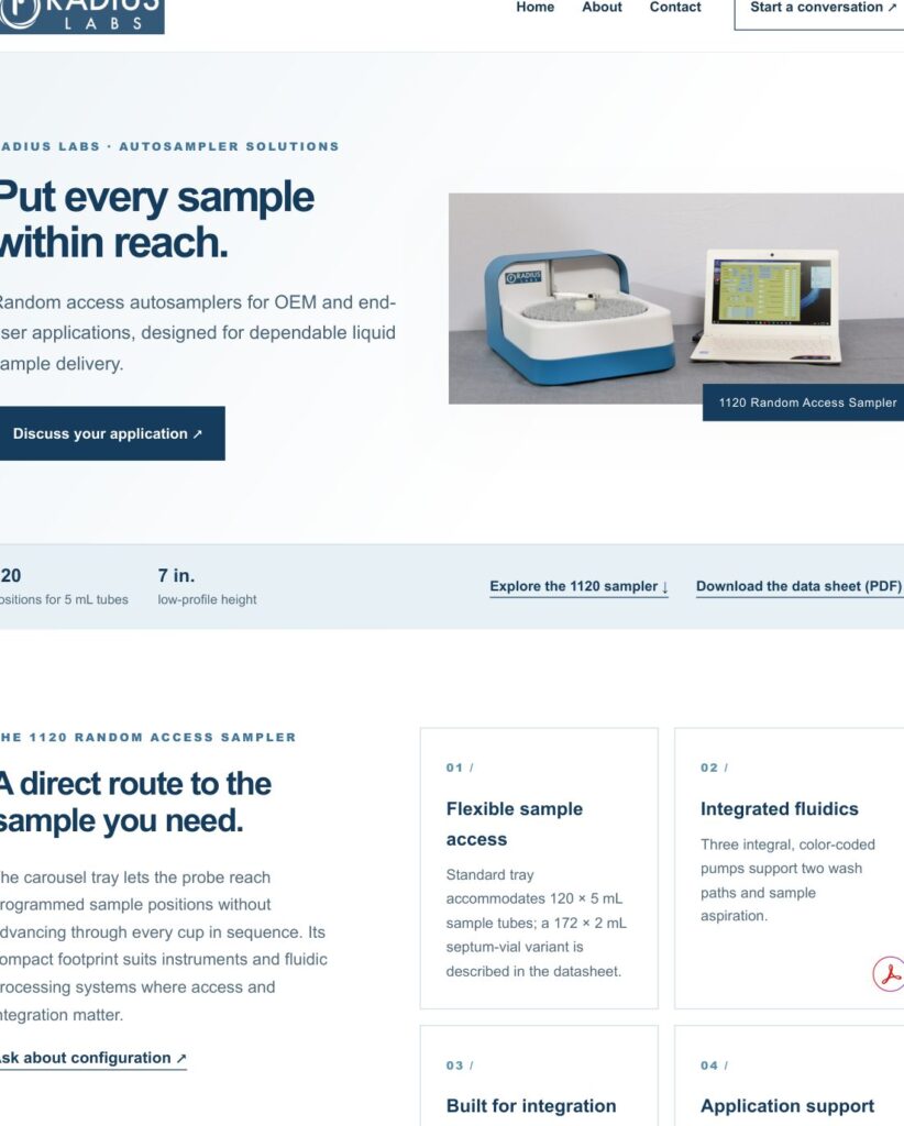 Radius Labs autosampler website designed from a supplied fact sheet PDF