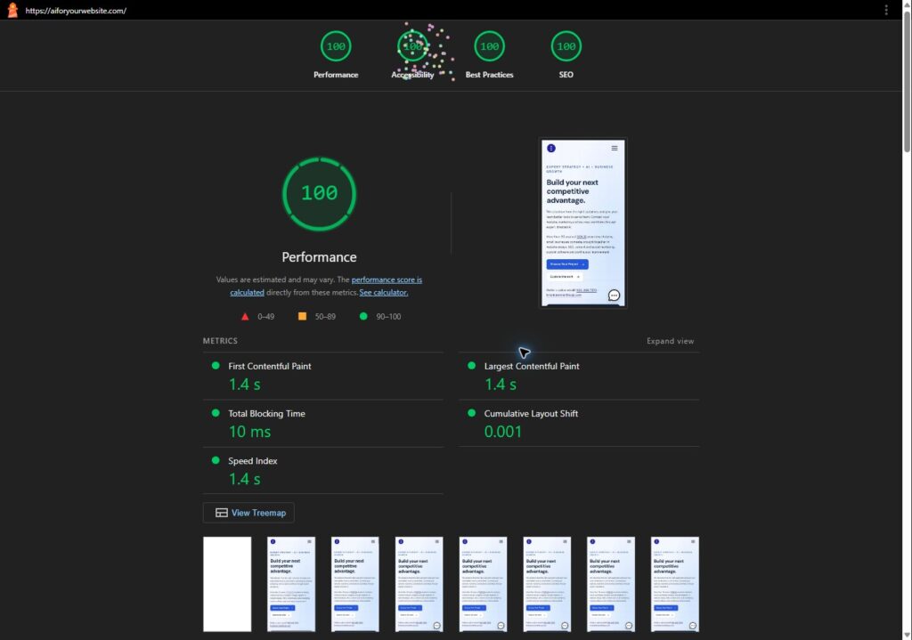 AI for Your Website Small Business AI Solutions Landing Site lighthouse mobile results: 100, 100, 100, 100