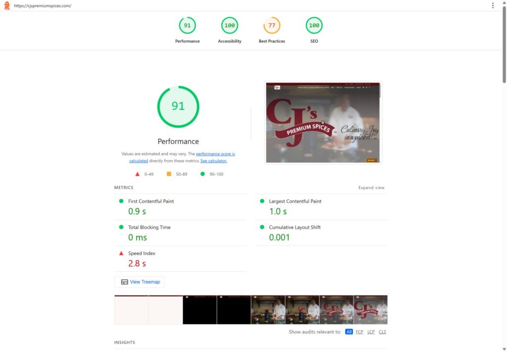 Cjs Premium Spices lighthouse desktop results: 91, 100, 77, 100