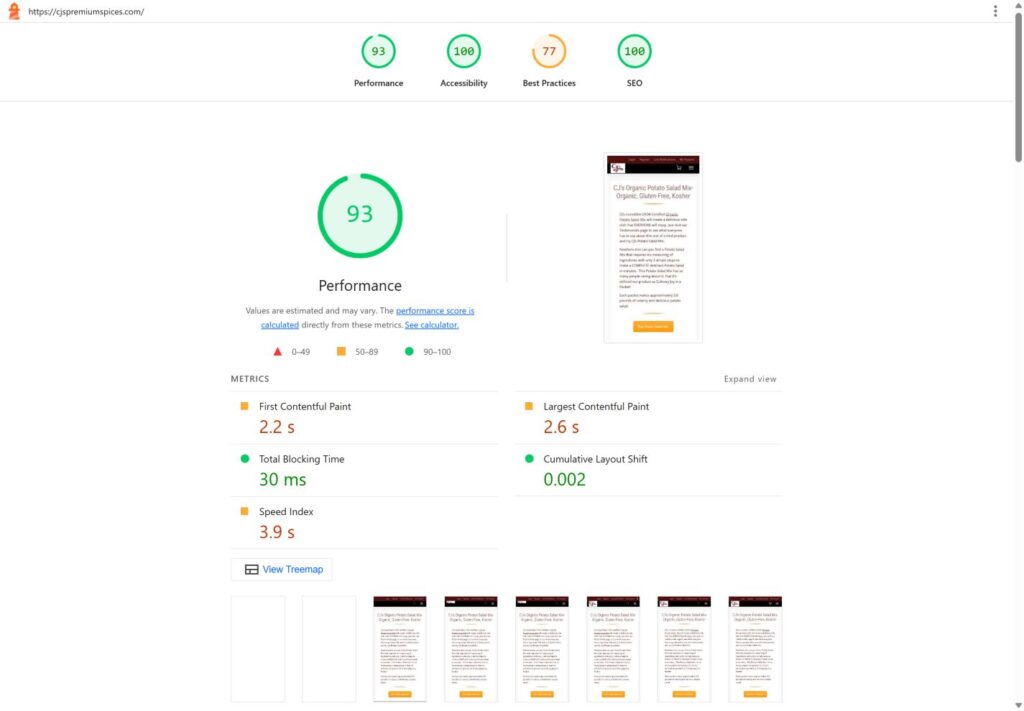 Cjs Premium Spices lighthouse mobile results: 93, 100, 77, 100