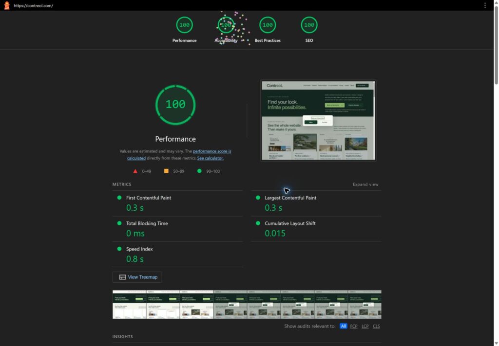 Contreol: AI Development & Connected Business Operations lighthouse desktop results: 100, 100, 100, 100