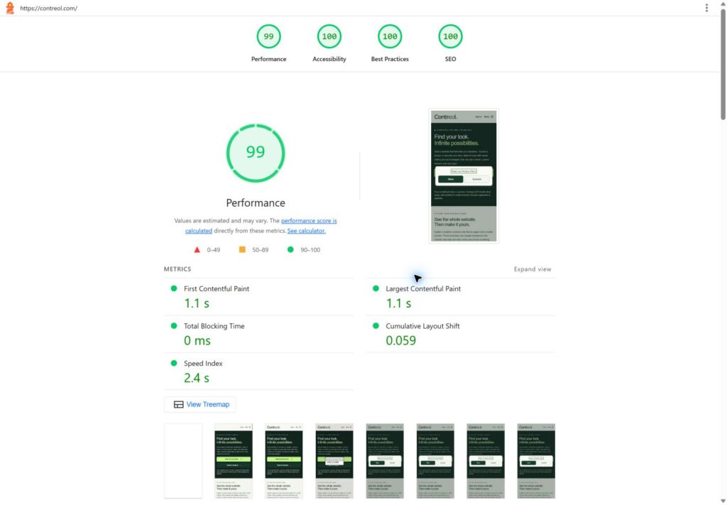 Contreol: AI Development & Connected Business Operations lighthouse mobile results: 99, 100, 100, 100