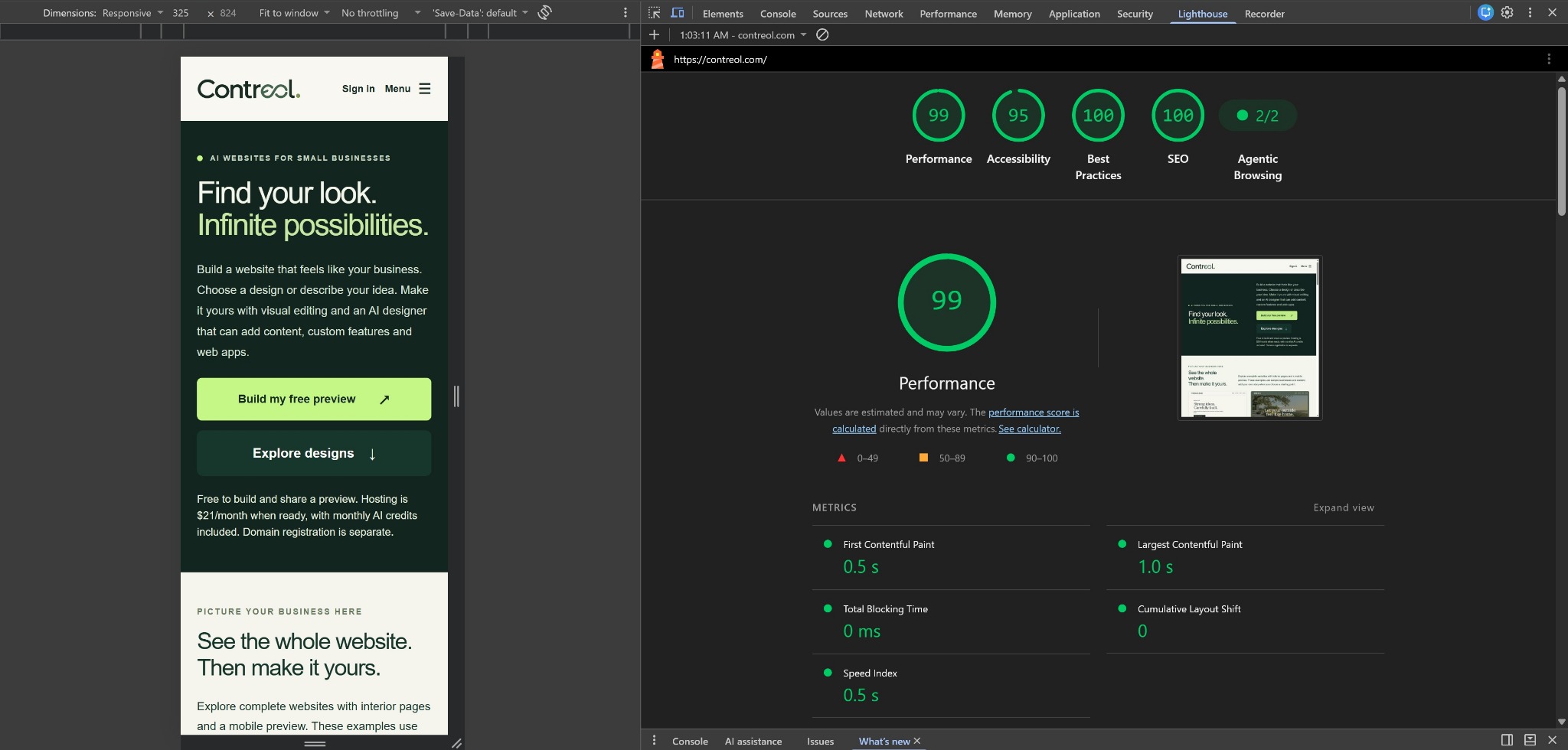 Lighthouse report for contreol.com showing 99 Performance, 95 Accessibility, 100 Best Practices and 100 SEO, beside the responsive homepage preview.