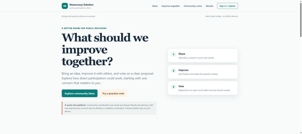 Democracy Solution current desktop website after optimization