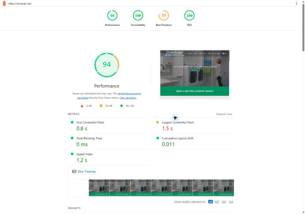 DryAway E-Commerce Website & Product Selection System lighthouse desktop results: 94, 100, 77, 100