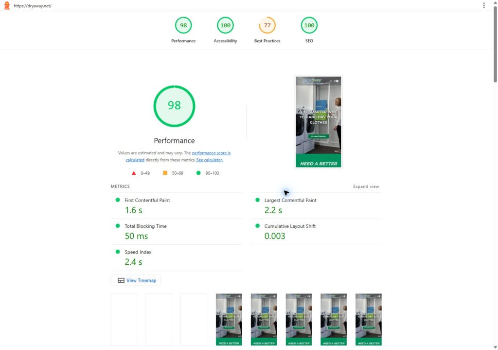 DryAway E-Commerce Website & Product Selection System lighthouse mobile results: 98, 100, 77, 100