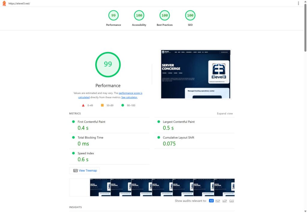 Elevel3 lighthouse desktop results: 99, 100, 100, 100