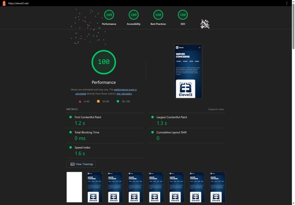 Elevel3 lighthouse mobile results: 100, 100, 100, 100