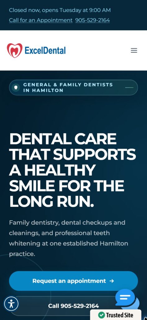 Mobile Excel Dental homepage showing clinic hours, navigation, family-care message, appointment button and telephone link.