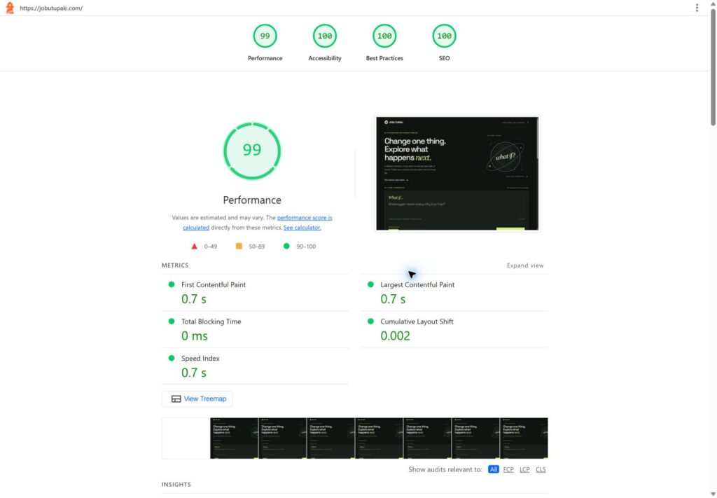 Jobu Tupaki lighthouse desktop results: 99, 100, 100, 100