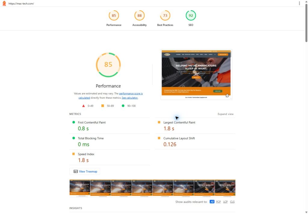 Mac-Tech Industrial SEO, AI Content & Enterprise WooCommerce Sales Tools: lighthouse desktop scores 85, 88, 73, 92
