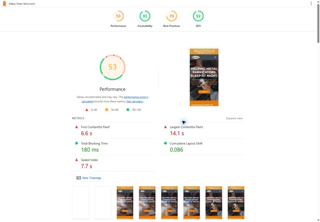 Mac-Tech Industrial SEO, AI Content & Enterprise WooCommerce Sales Tools: lighthouse mobile scores 53, 91, 73, 92