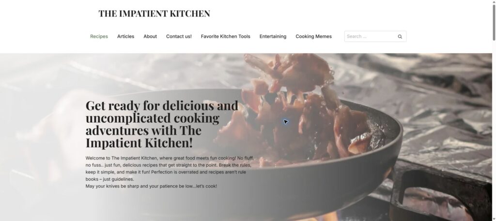 The Impatient Kitchen current desktop website after optimization