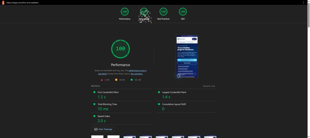 Time Weather Plugin lighthouse mobile results: 100, 100, 100, 100