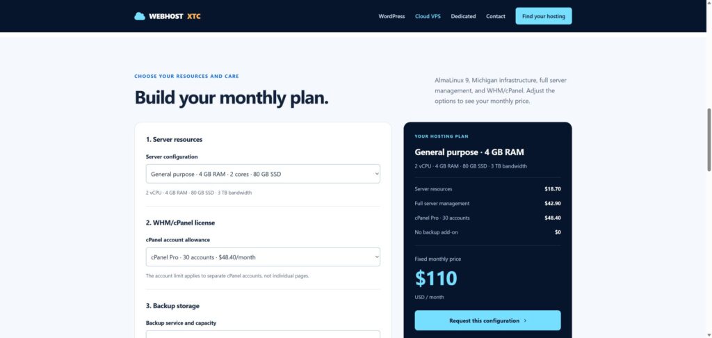 WebHostXTC Cloud VPS configurator showing server resources, cPanel allowance and itemized monthly total