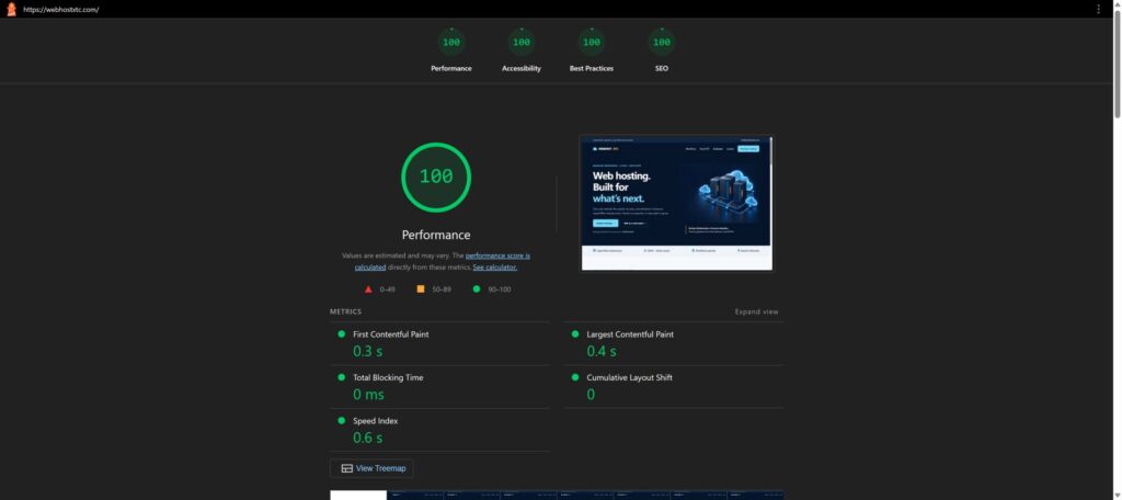 WebHostXTC desktop Lighthouse report showing scores of 100 for Performance, Accessibility, Best Practices and SEO