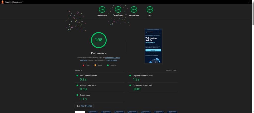 WebHostXTC mobile Lighthouse report showing scores of 100 for Performance, Accessibility, Best Practices and SEO