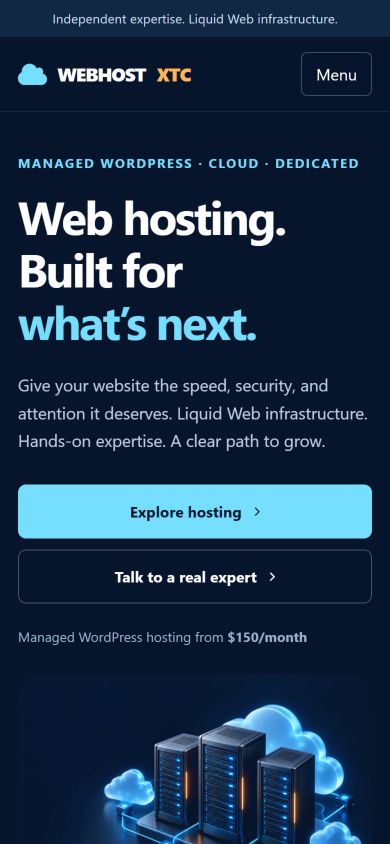WebHostXTC mobile homepage with managed hosting message and contact options