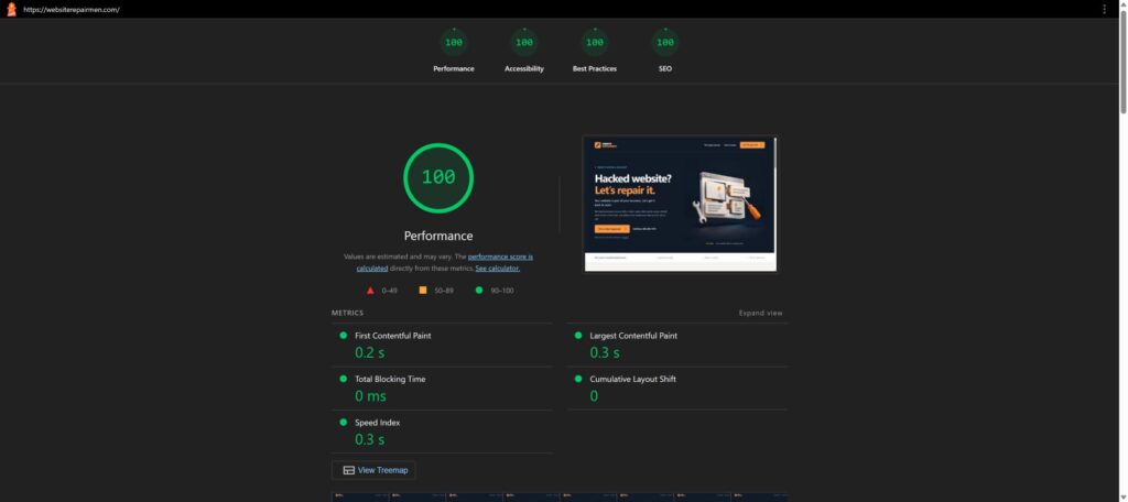 WebsiteRepairmen desktop Lighthouse report showing scores of 100 for Performance, Accessibility, Best Practices and SEO