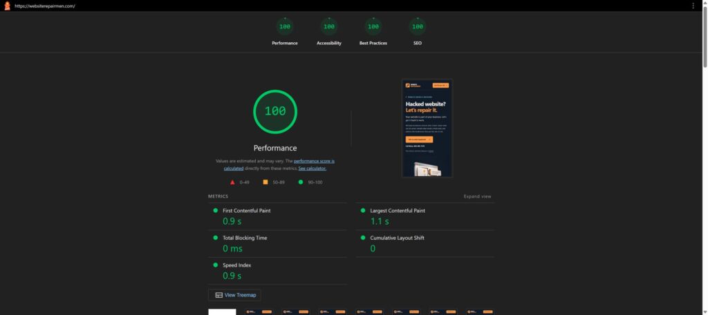 WebsiteRepairmen mobile Lighthouse report showing scores of 100 for Performance, Accessibility, Best Practices and SEO
