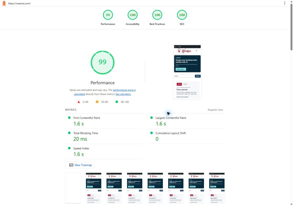Weence lighthouse mobile results: 99, 100, 100, 100